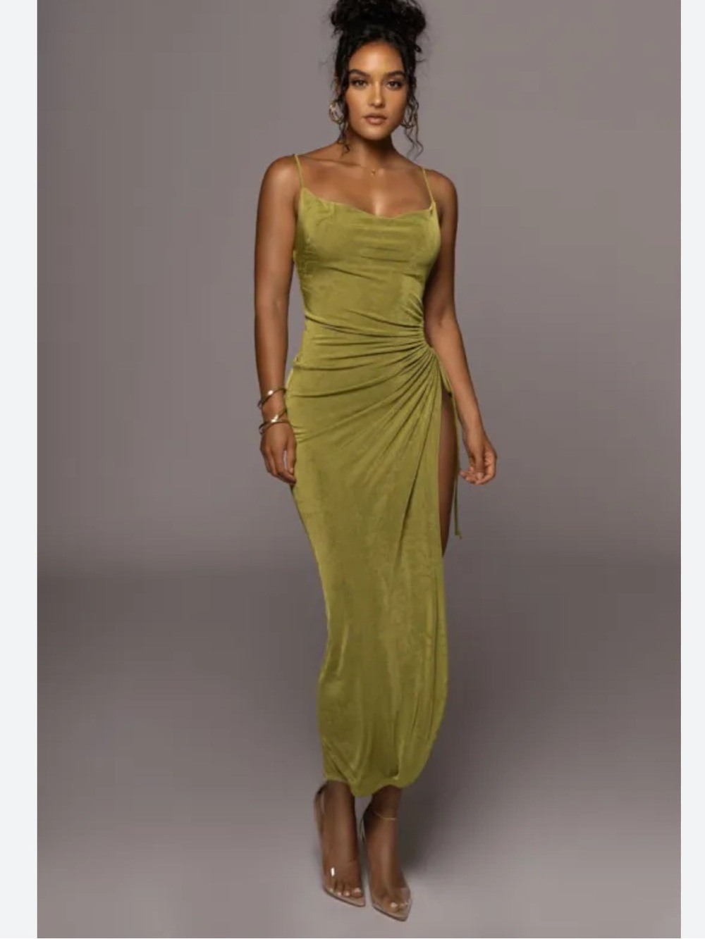 JLUXLABEL Olive Ruched Maxi Dress with Side Slit